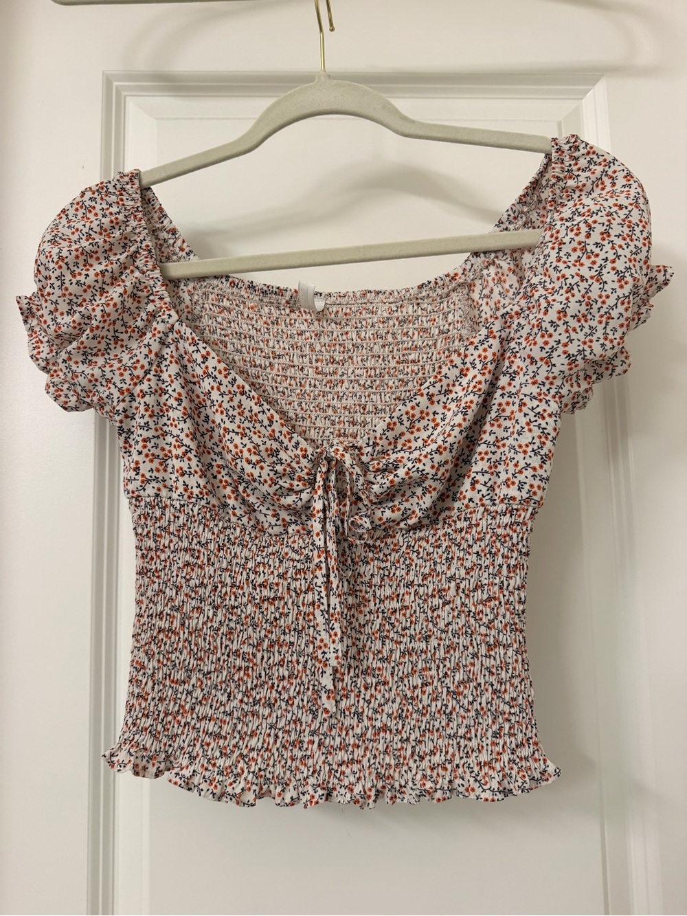 Smocked Floral Crop Top with Tie Front - White with Orange & Black Print